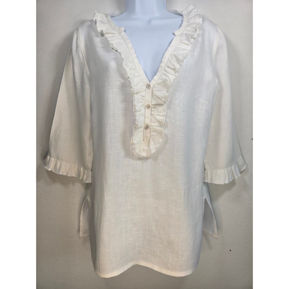 Sara Campbell Womens White Linen Tunic Top With Ruffle Accents. Size Medium
